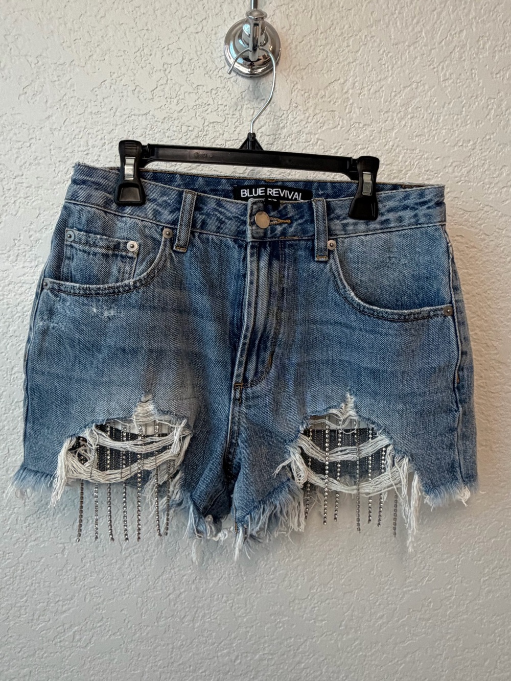 Blue Revival Size 25 Distressed Denim Shorts Rhinestone Fringe Embellished Cutof